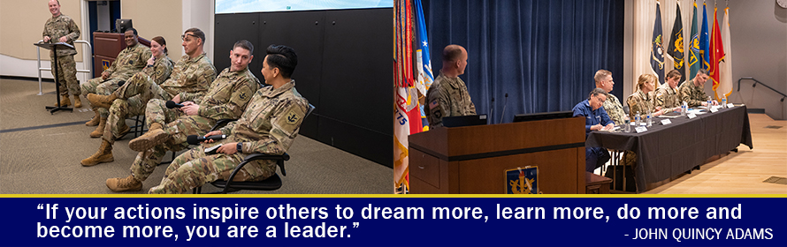 Leadership Center graphic with the quote “If your actions inspire others to dream more, learn more, do more, and become more, you are a leader.” by John Quincy Adams 